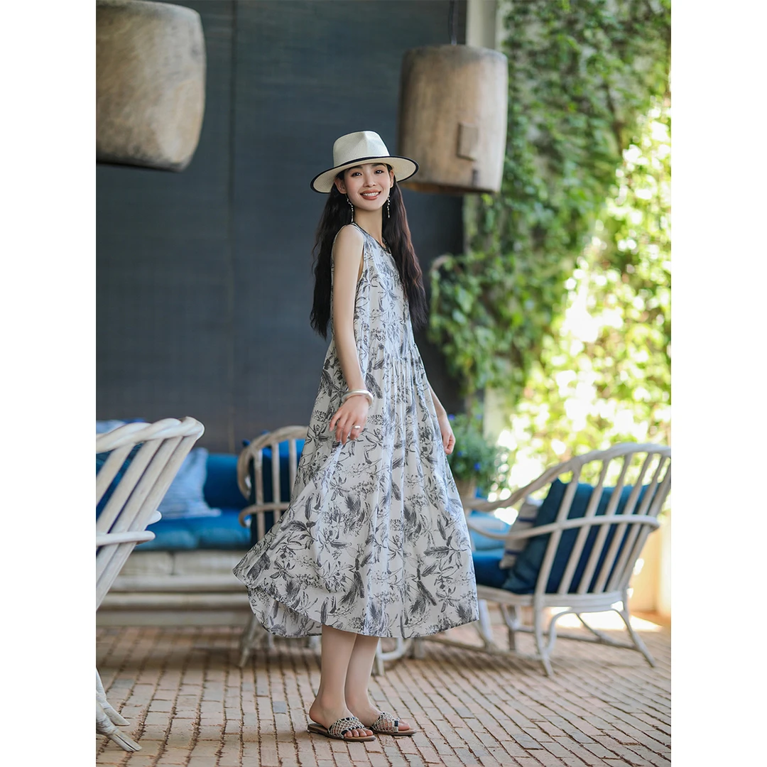 麻霖原创设计夏新品100%莱赛尔水墨画印花垂坠显瘦清凉连衣裙