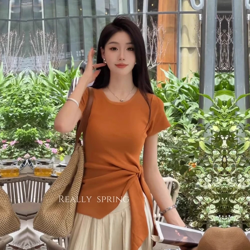 设计感绑带短袖t恤女2025年夏季新款洋气体恤时尚不规则开叉上衣