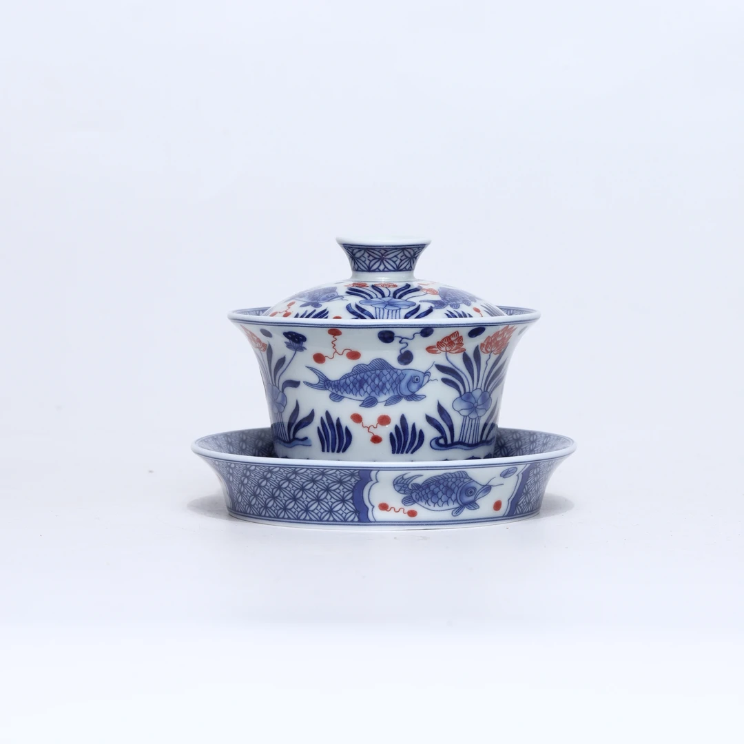 【非遗茶空间】景德镇产 釉里红鱼藻纹马蹄盖碗 中式茶具茶器