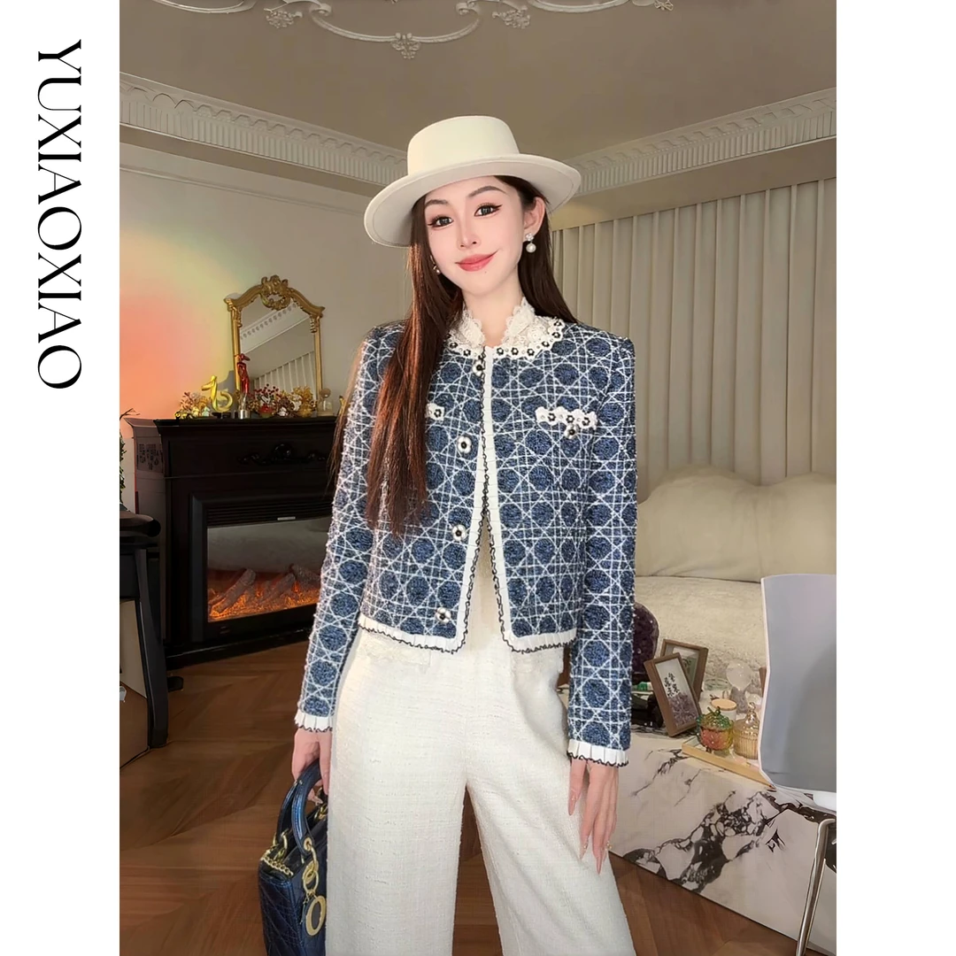 余潇潇【湛蓝典藏】含绵羊毛混纺编织精美小花圆领小香外套