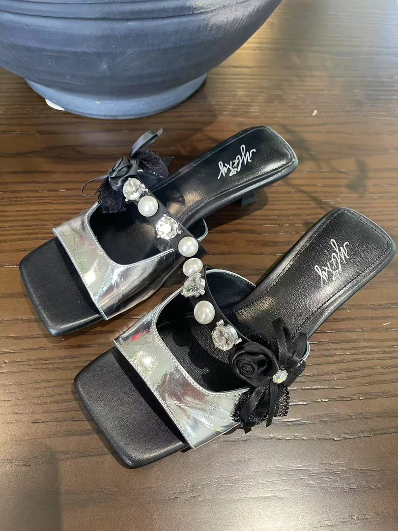 方头时尚百搭高跟夏季凉拖一字拖