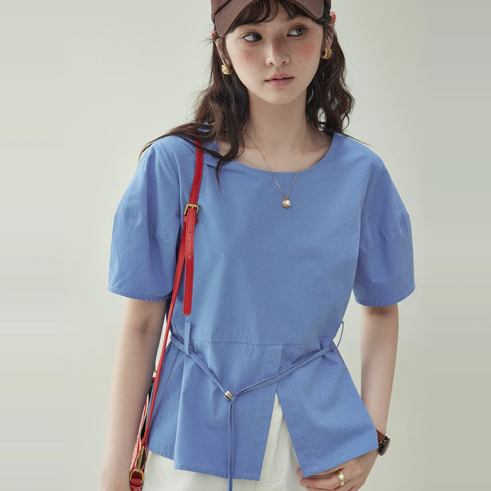 「北岛AMUU原创」蓝色绑带收腰短袖衬衫女25夏季新款宽松开叉上衣