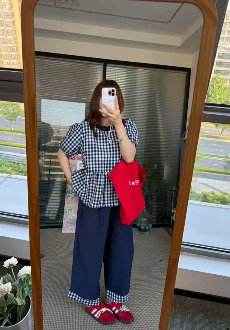 时尚套装圆领格纹慵懒风莫奈花园风洛丽塔流浪丹宁风