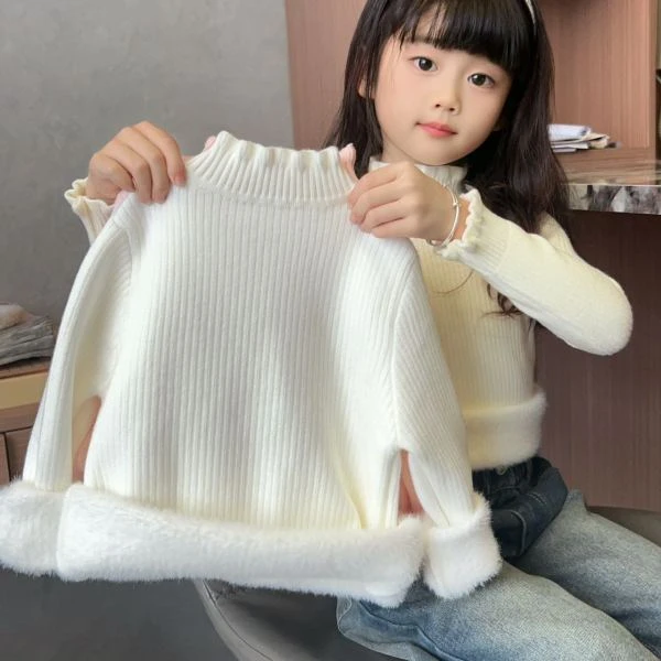新款儿童毛衣一体绒木耳边洋气半高领宝宝男女童毛衣加绒冬季打底