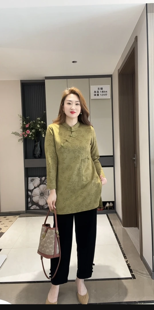 3111新款百搭复古盘扣花好月圆国风中长款打底衫