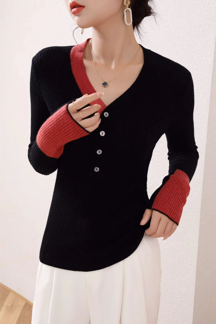 【毛姐专属】秋季女常规水洗v领拼色时尚长袖针织上衣88185