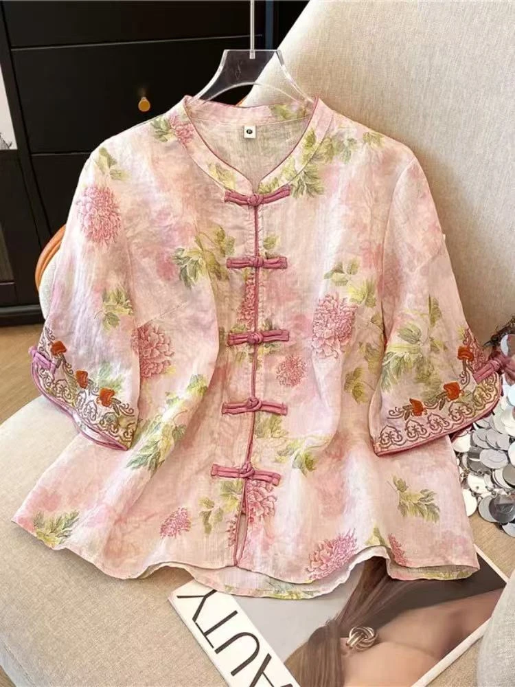 【直播间过款扣号抢购】宽松刺绣棉麻衬衫上衣女民族复古风女