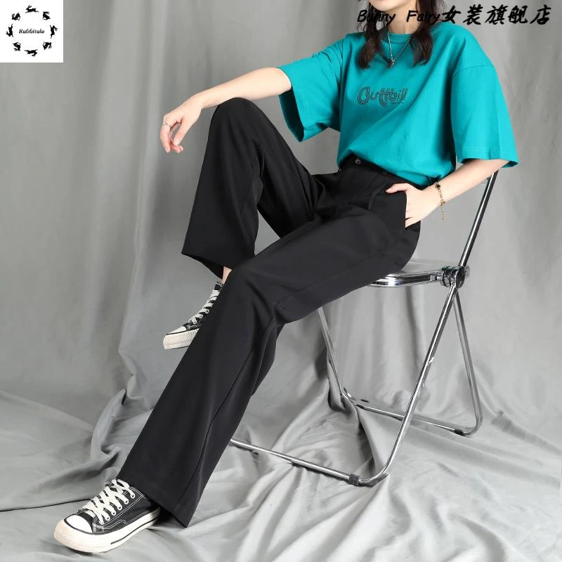 黑色西装阔腿裤女春秋季高腰垂感大码胖mm宽松直筒拖地裤夏季薄款