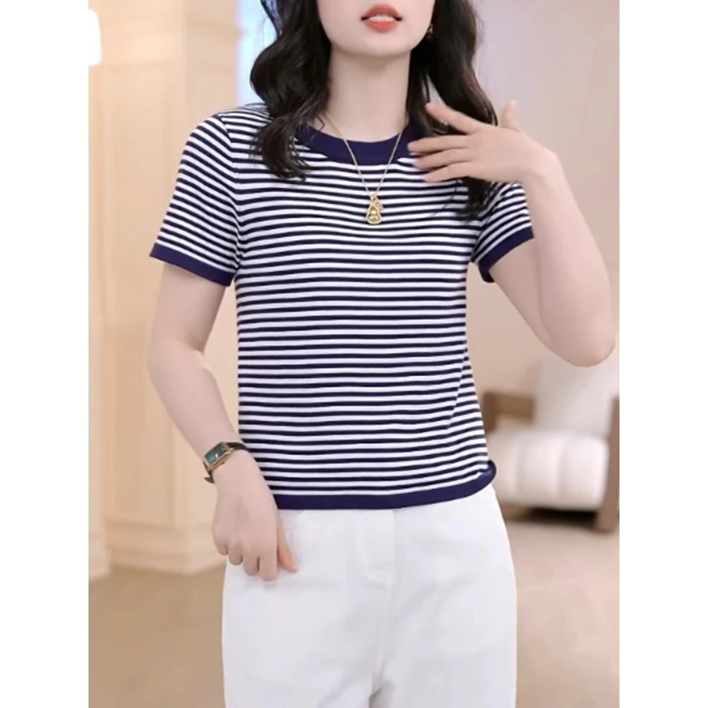 正肩修身显瘦条纹短袖t恤女2025夏季新款体恤减龄百搭气质针织衫
