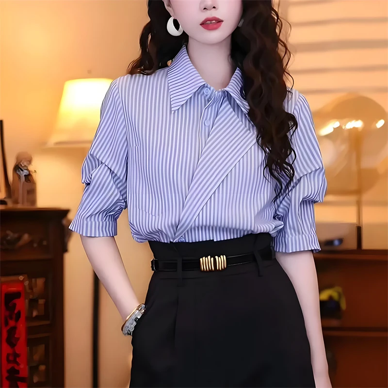 港味复古气质条纹短袖衬衫女夏装2025年新款设计感polo衫休闲上衣