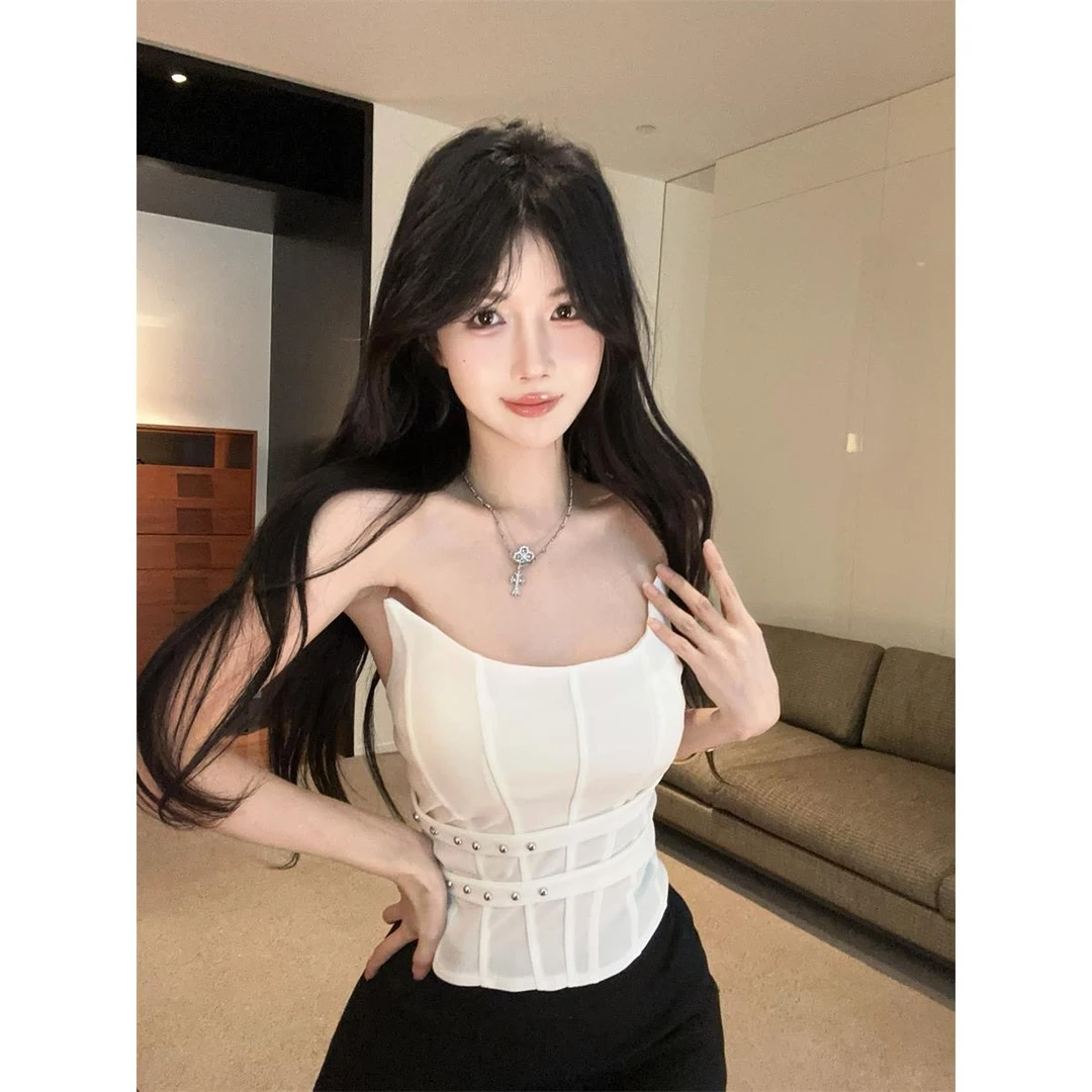 不规则铆钉吊带背心女早夏美式辣妹一字肩鱼骨抹胸小上衣外穿裹胸