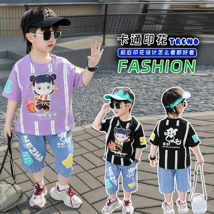 （90-150）男童中小童2520夏款踢足球哪吒帅气套装