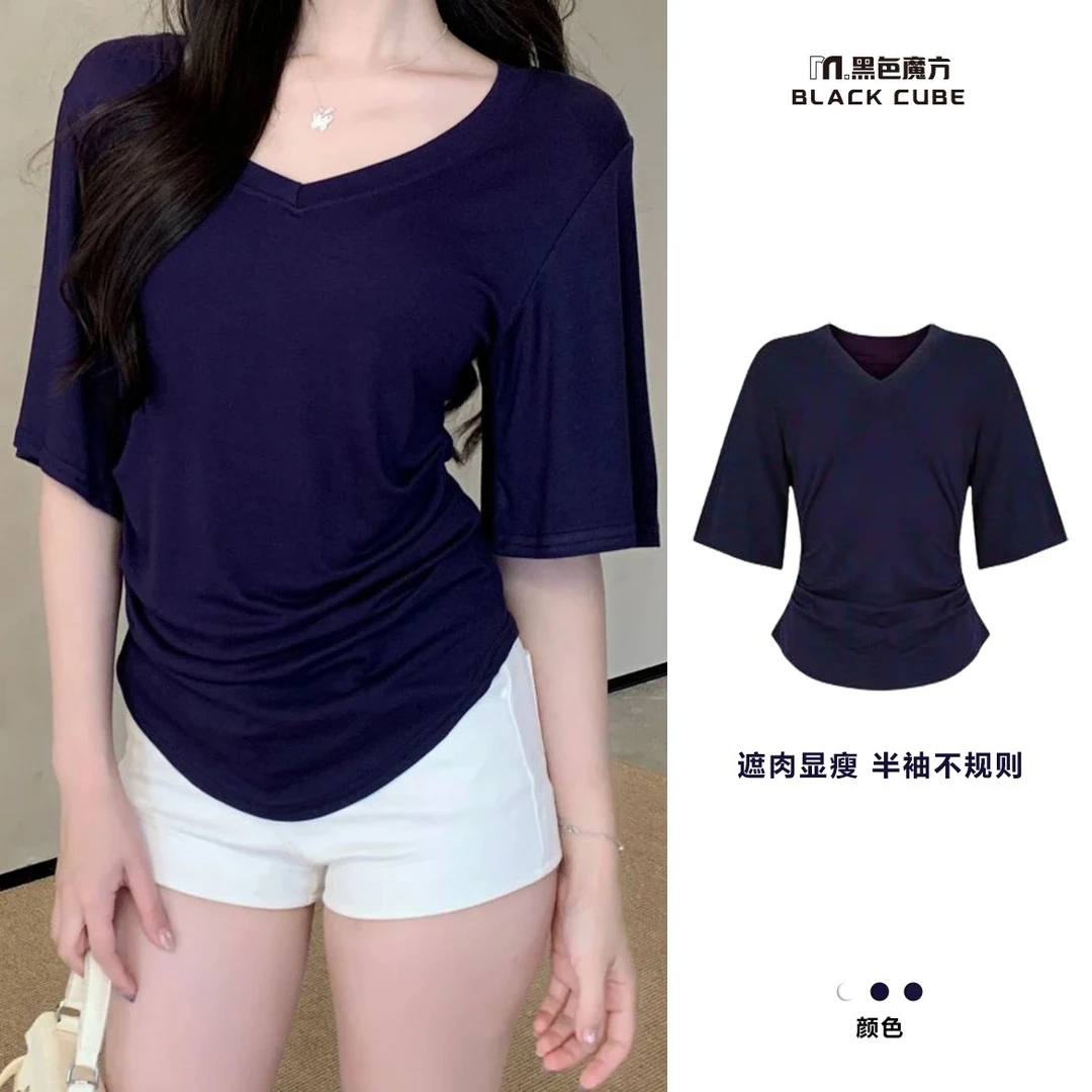 半袖V领掐腰短袖T恤女大码胖mm夏季巨遮肉显瘦韩版百搭上衣6049
