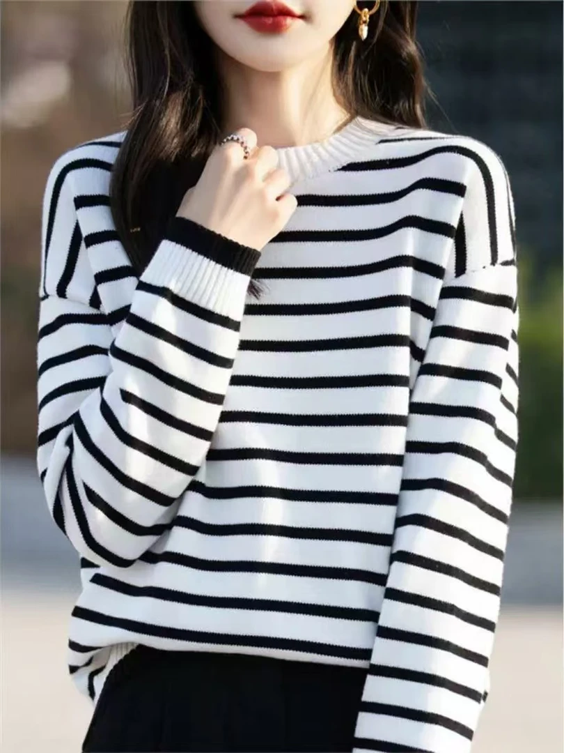 393 毛衣圆领套头保暖条纹打底衫宽松针织衫上衣