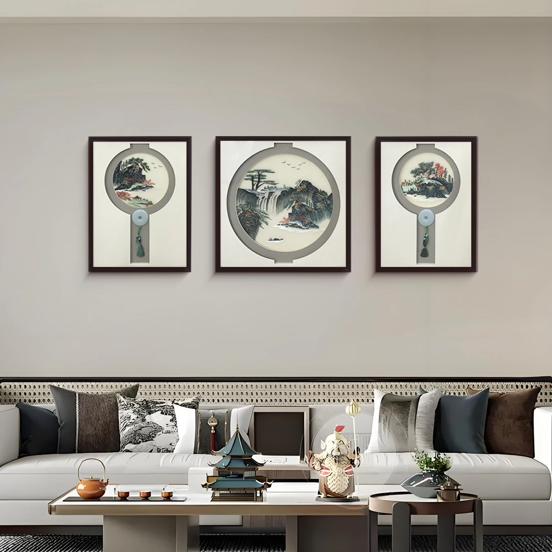 新中式客厅沙发背景苏绣刺绣实木装裱三联装饰画山80200