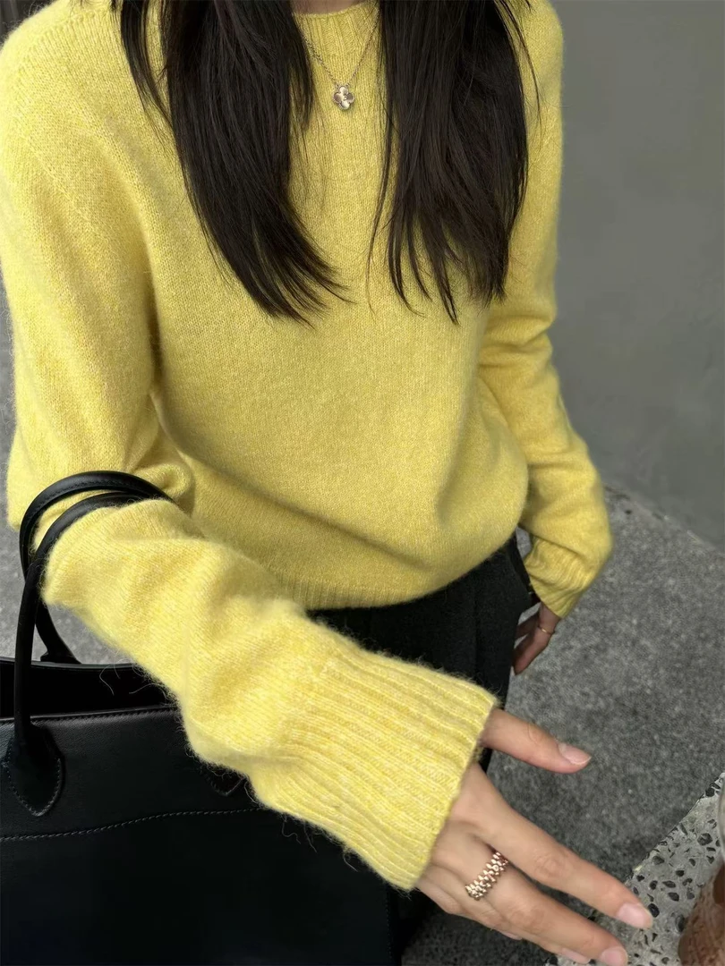 QianRH-9801冬季新款100%羊毛百搭纯色圆领拉毛针织衫