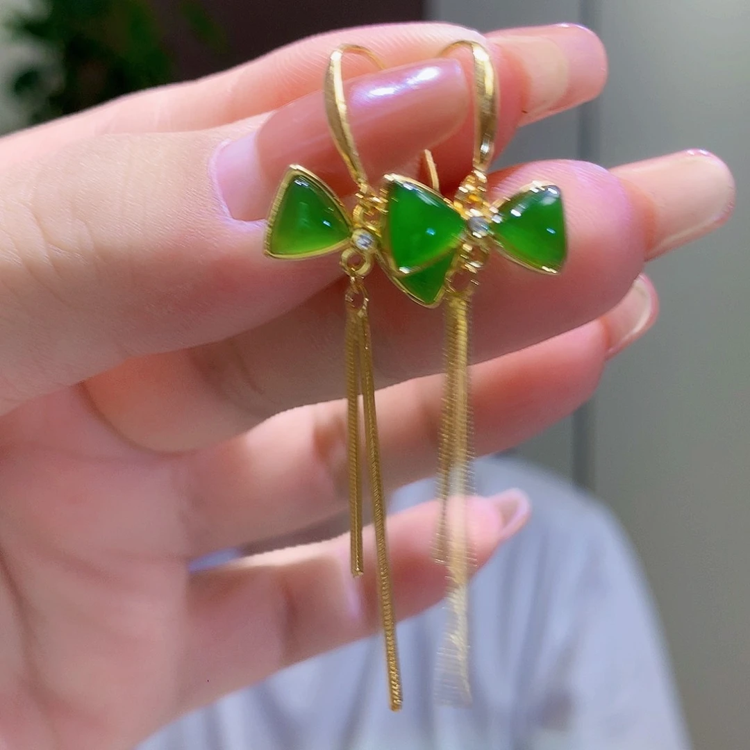 和田玉（碧玉）银S925镀金镶嵌耳饰