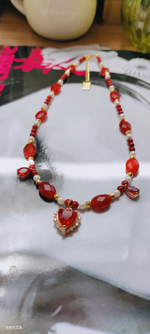 铜合金石英石项链 红色气质爱心水滴项链孤品原创设计