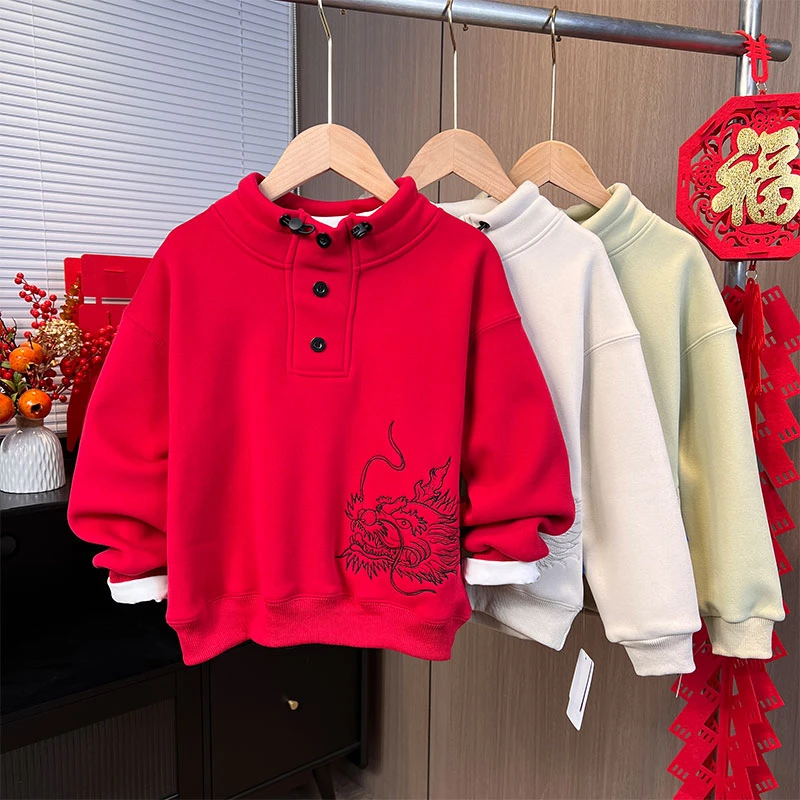 34274 男童拜年服儿童红色卫衣洋气宝宝中大童加绒加厚秋冬季保暖