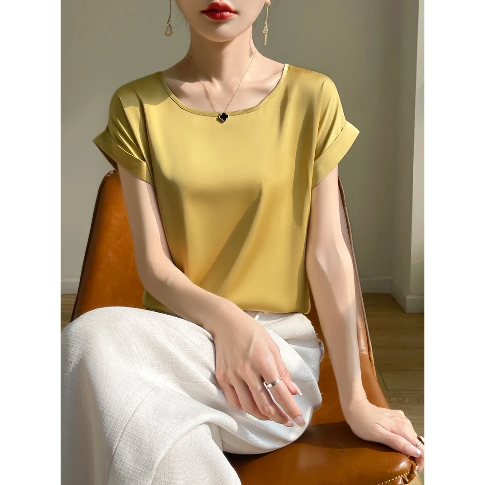 100%桑蚕丝圆领小飞袖百搭T恤女士时尚短袖