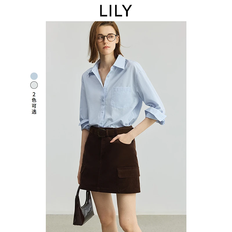 LILY2025秋新款简约经典翻领气质通勤纯色衬衫外套女125349C4912