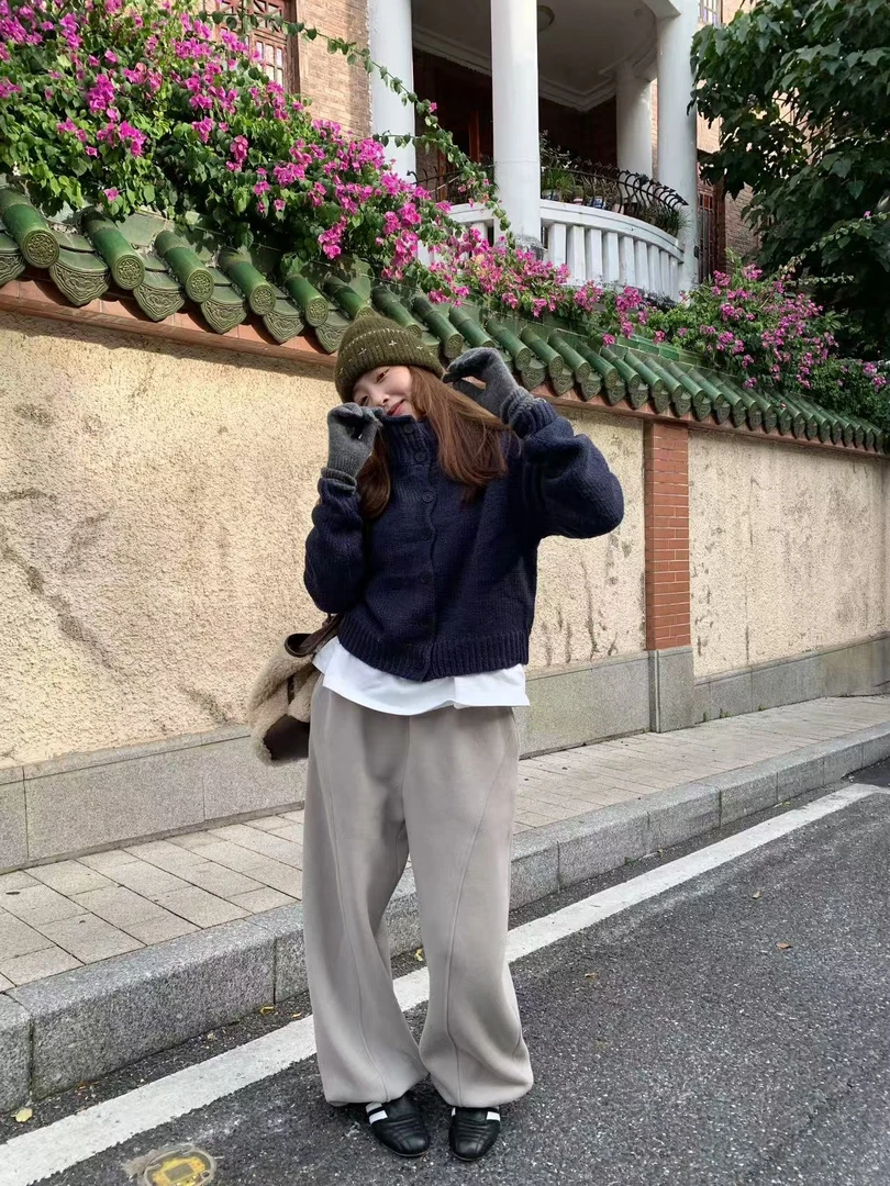 秋冬女立领长袖针织衫宽松显瘦百搭毛衣外套上衣W8133（衣长55）