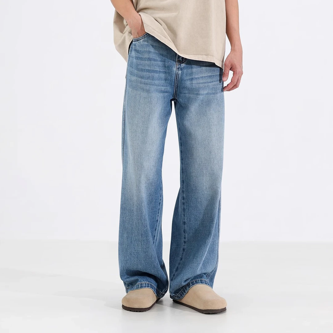 Cebrodz夏季垂感透气复古做旧浅色薄款牛仔裤男直筒宽松阔腿长裤