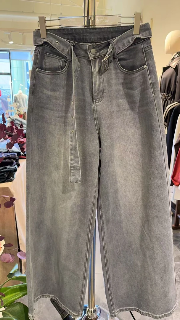 2025春季高腰阔腿蓝灰色牛仔裤时尚百搭