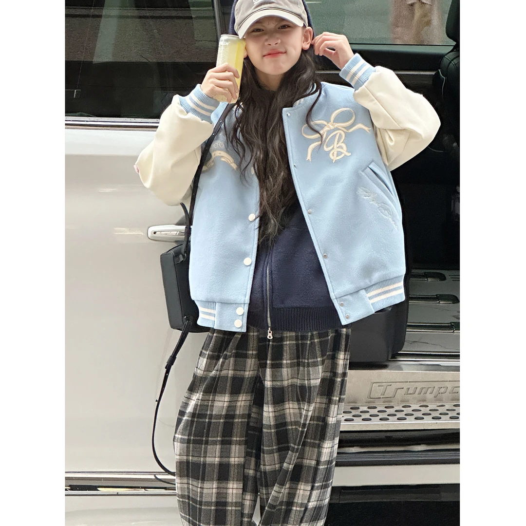 K29995孙小美蝴蝶结女童毛呢外套2025秋冬儿童夹棉加厚上衣棒球服