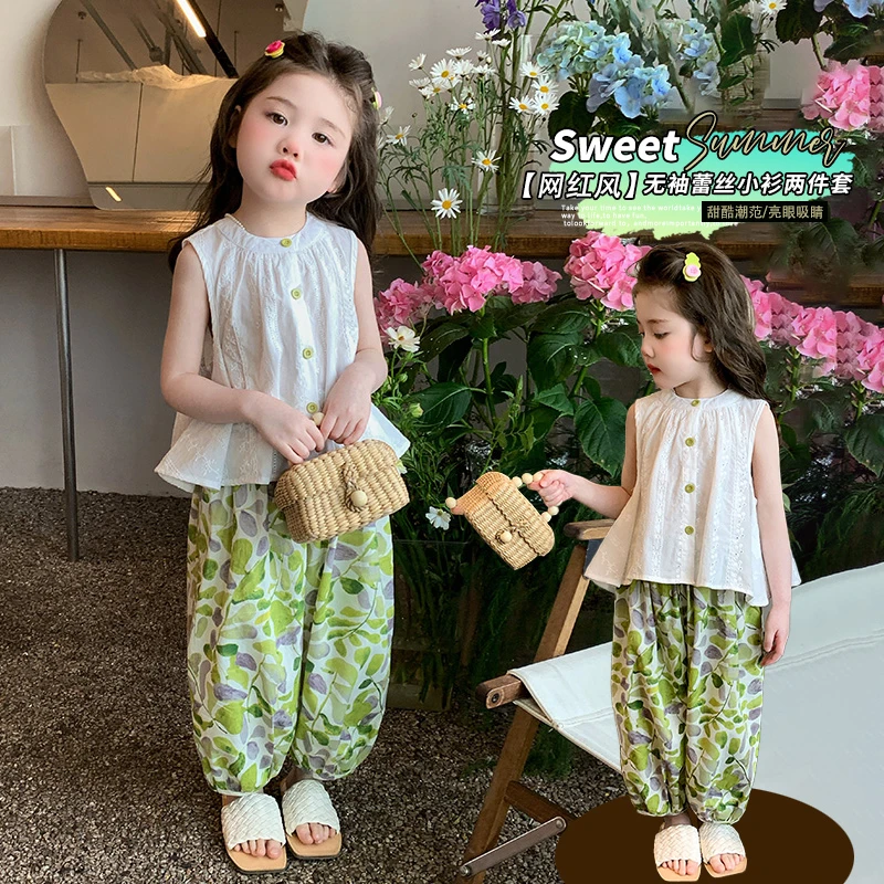 女童套装夏季2025新款女孩宝宝洋气甜美娃娃衫儿童夏装时髦两件套