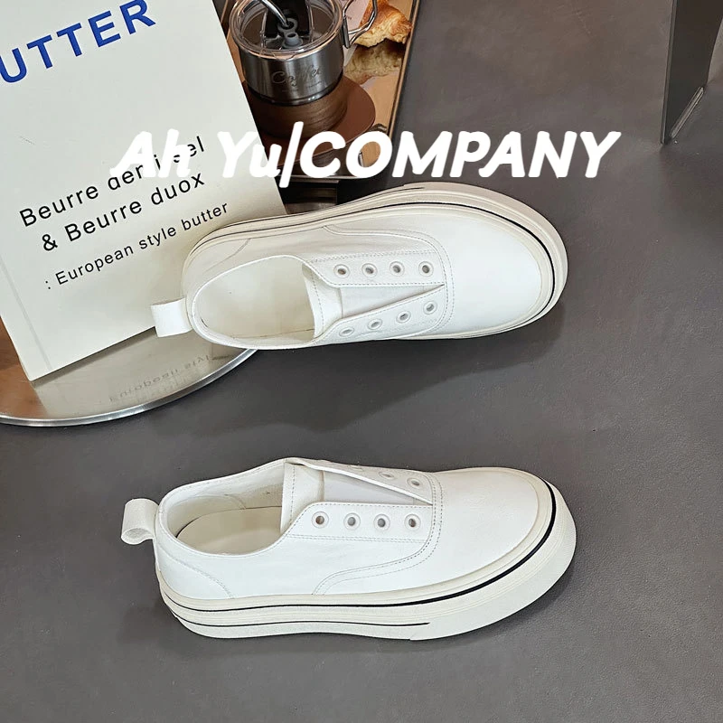 真皮小白鞋女2025春夏新款厚底百搭一脚蹬懒人鞋增高平底单鞋女