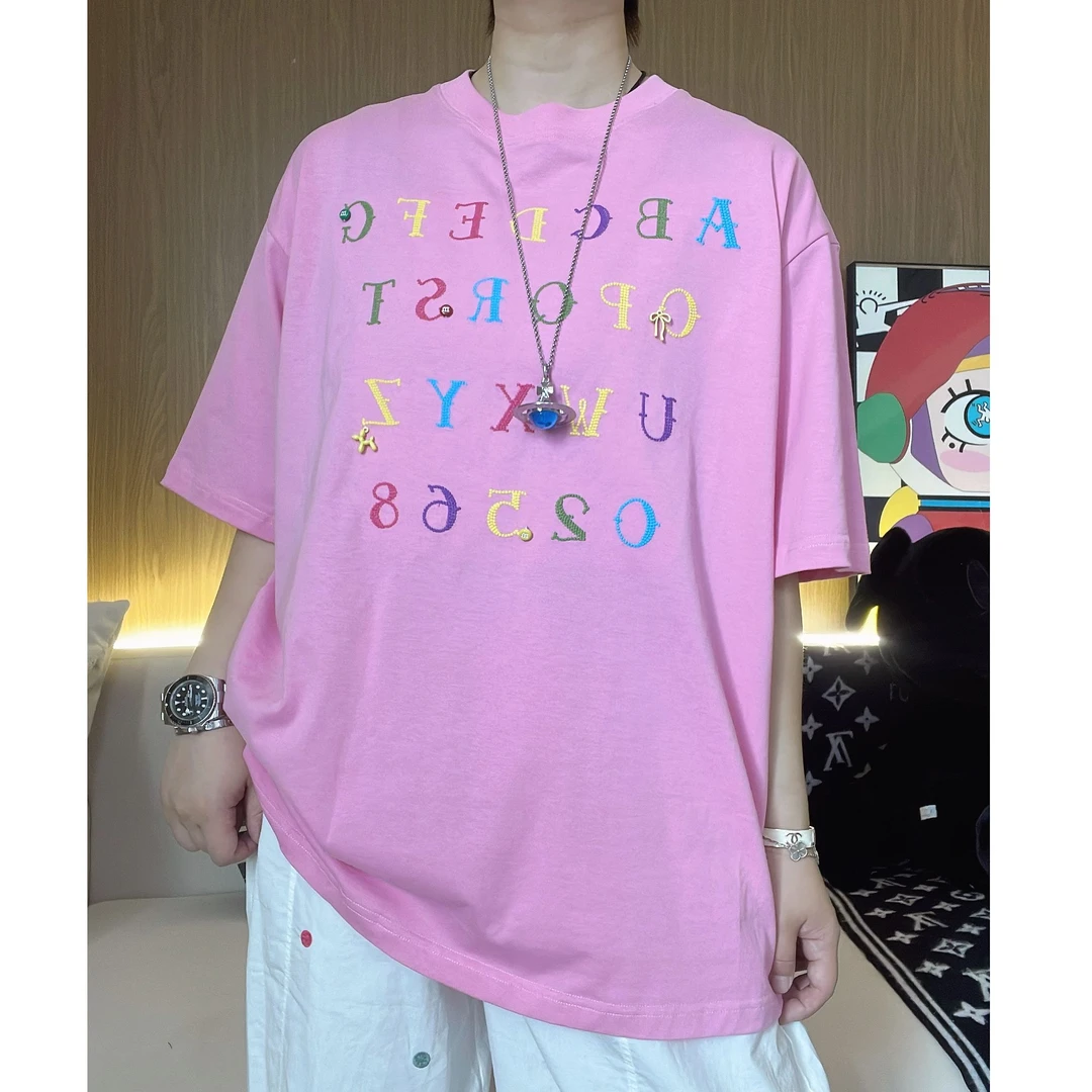 【影子】彩色字母夏季潮流时尚百搭宽松休闲刺绣大版中长款短袖T恤
