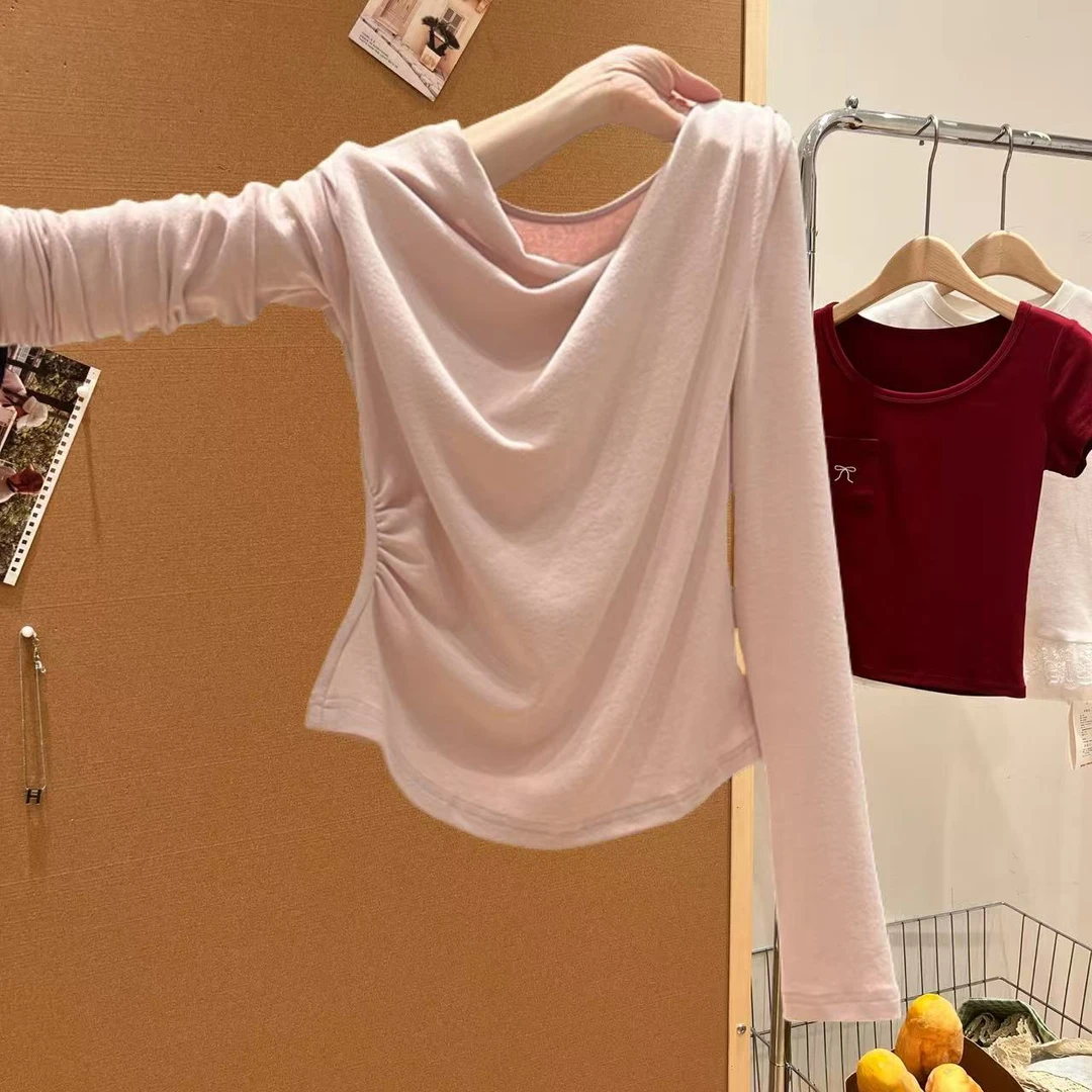 浅粉色斜领不规则露骨长袖T恤女春秋季收腰褶皱修身内搭荡领上衣