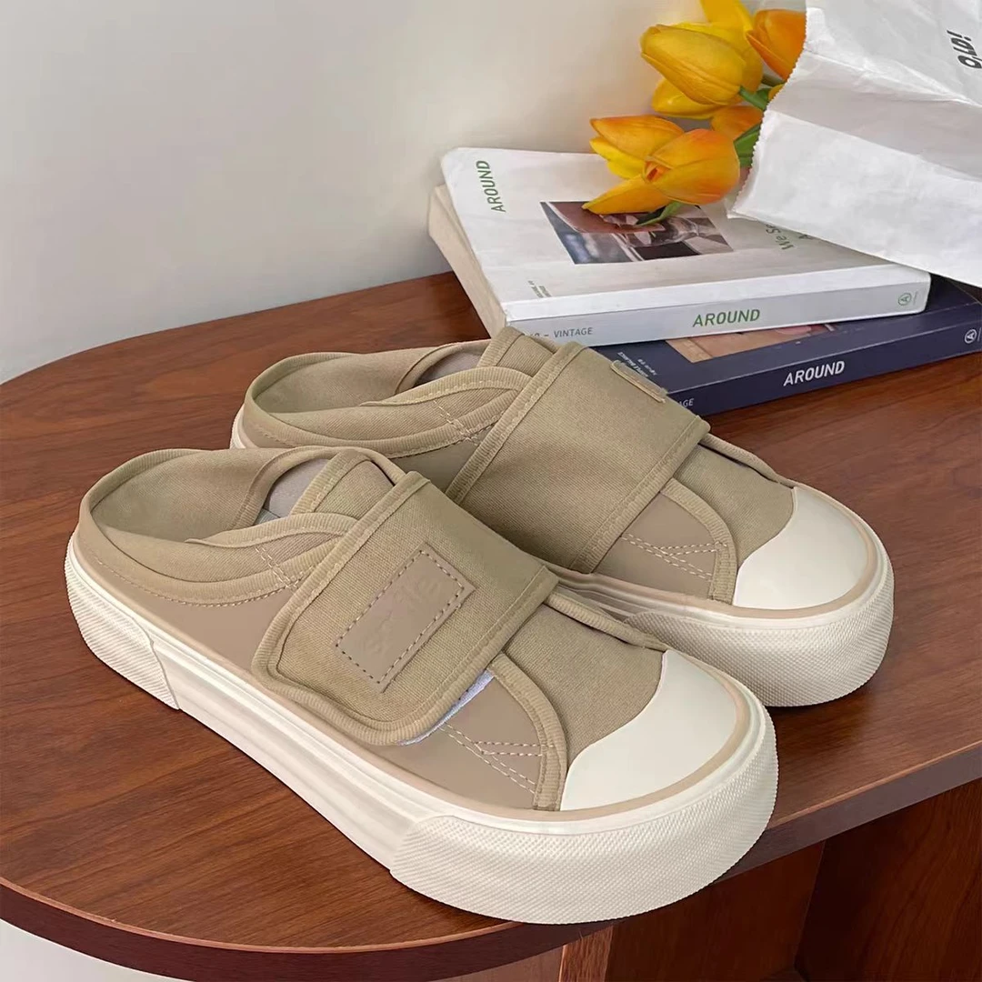 一脚蹬魔术贴2025新款厚底芒果头帆布鞋女半拖两穿懒人鞋1256