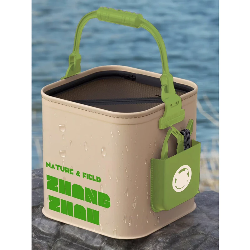 【绿标打水桶】户外钓鱼路亚活鱼打水桶洗手桶渔具用品可折叠带侧兜