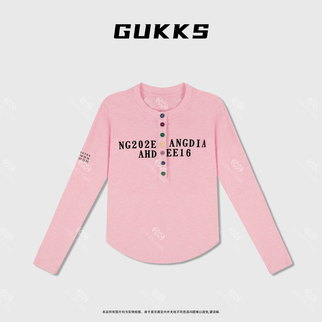 娜娜GUKKS/2025早春上衣半开领字母长袖T恤修身显瘦T