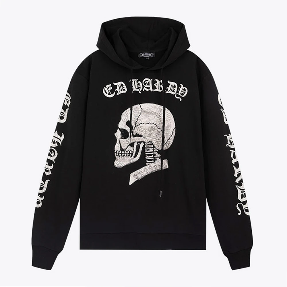 意大利潮牌骷髅水钻黑色抽绳连帽休闲男士套头卫衣E12KCM129080