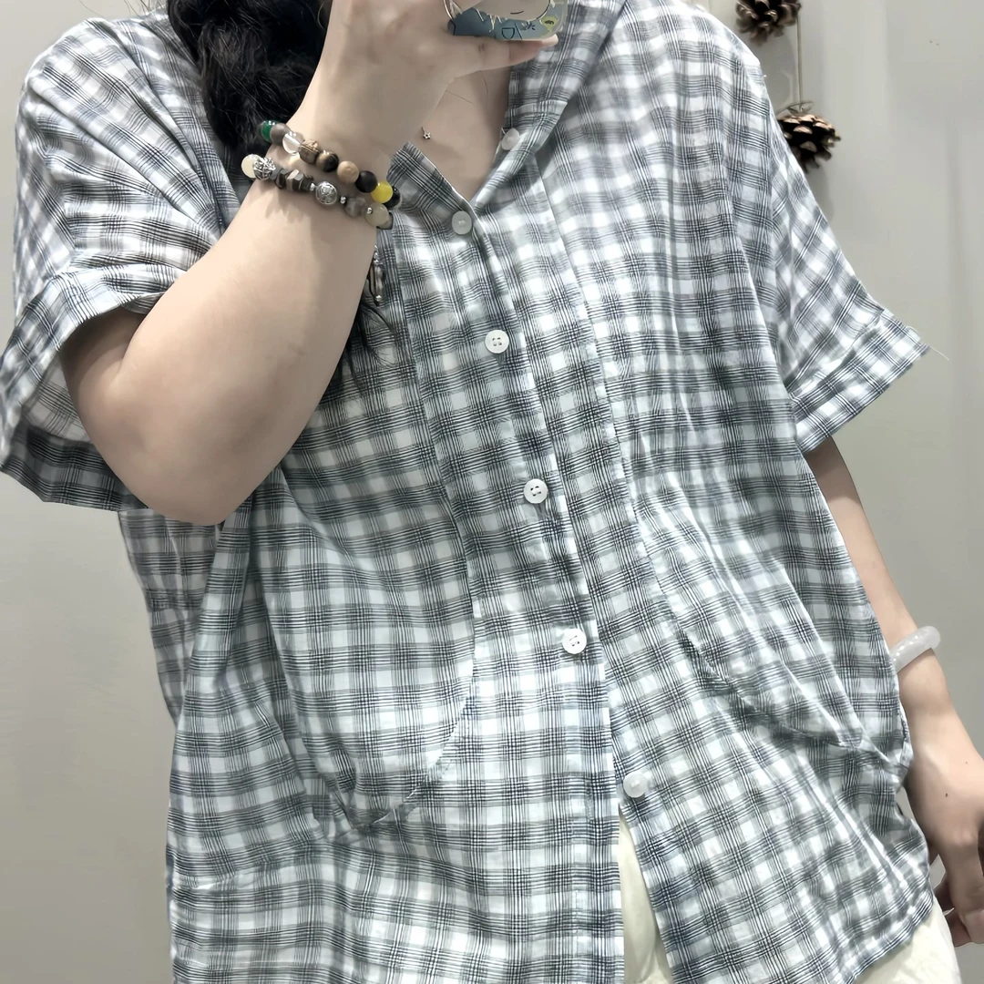 14320新款夏季百搭休闲时尚显瘦连帽格子小衫