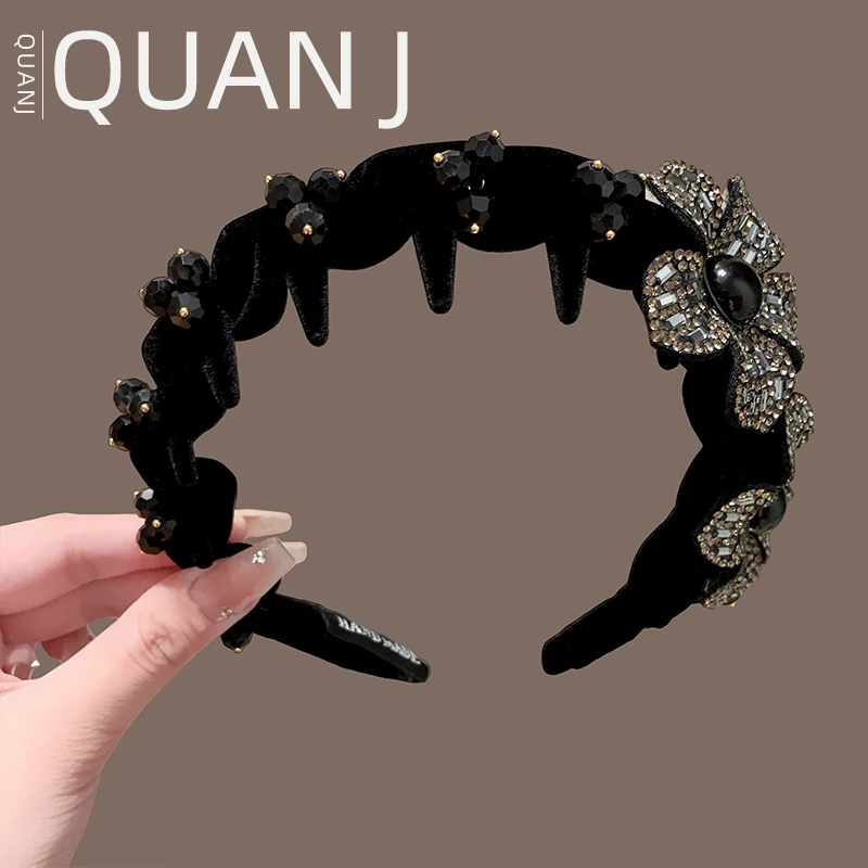 2025新款镶钻花朵黑色发箍女高级感植绒齿梳头箍轻奢水晶压发头饰