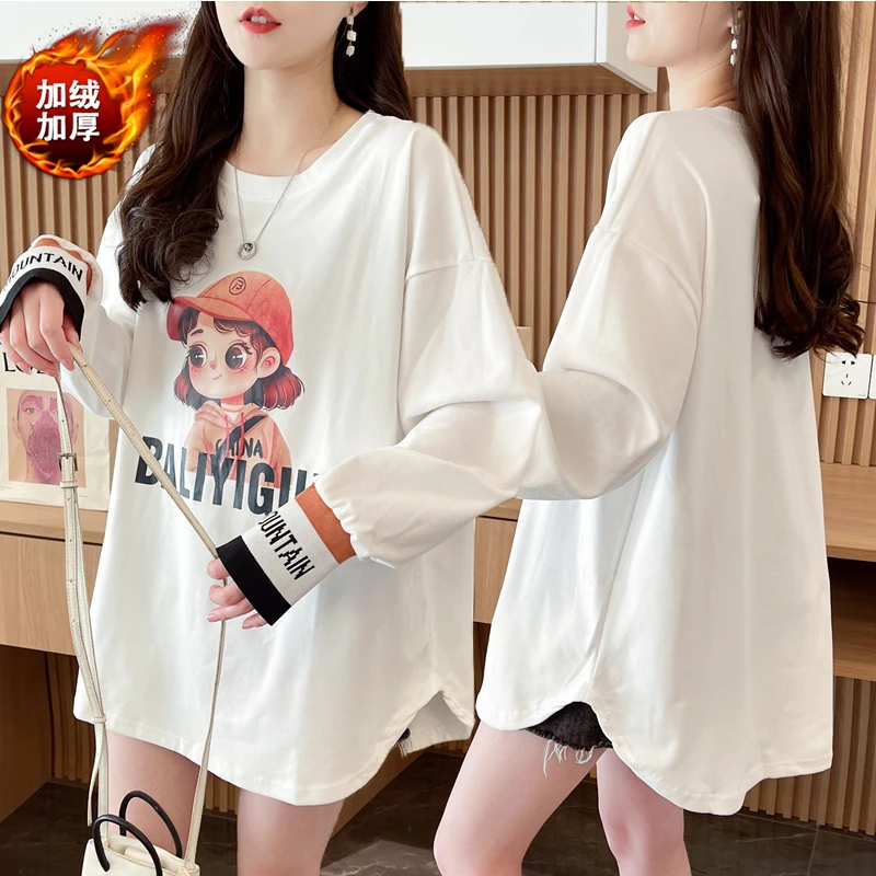 卡通圆领中长款德绒长袖T恤女秋冬新款韩版宽松百搭加厚打底上衣
