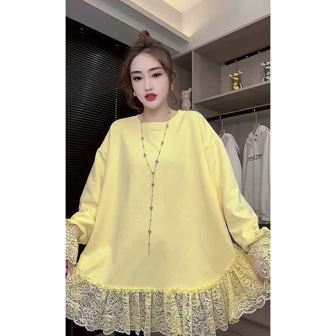 圆领拼接蕾丝花苞袖卫衣时尚休闲百搭宽松设计感