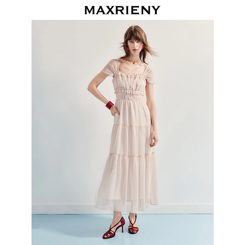 MAXRIENY粉色雪纺连衣裙显瘦高腰温柔长款褶皱方领2025年夏季新款