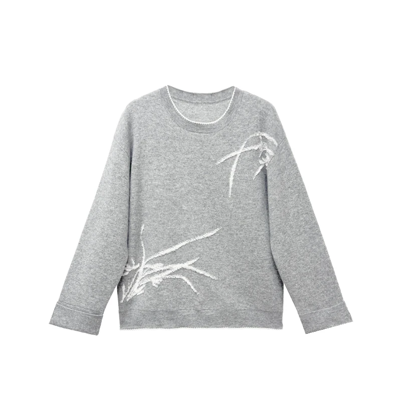 【橙庐】612971原创新中式兰花针织绵羊毛衫 女士休闲优雅气质国风