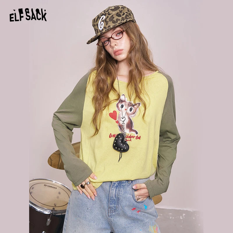 妖精的口袋甜酷风春季休闲长袖T恤猫咪宽松型中长款春秋25205388