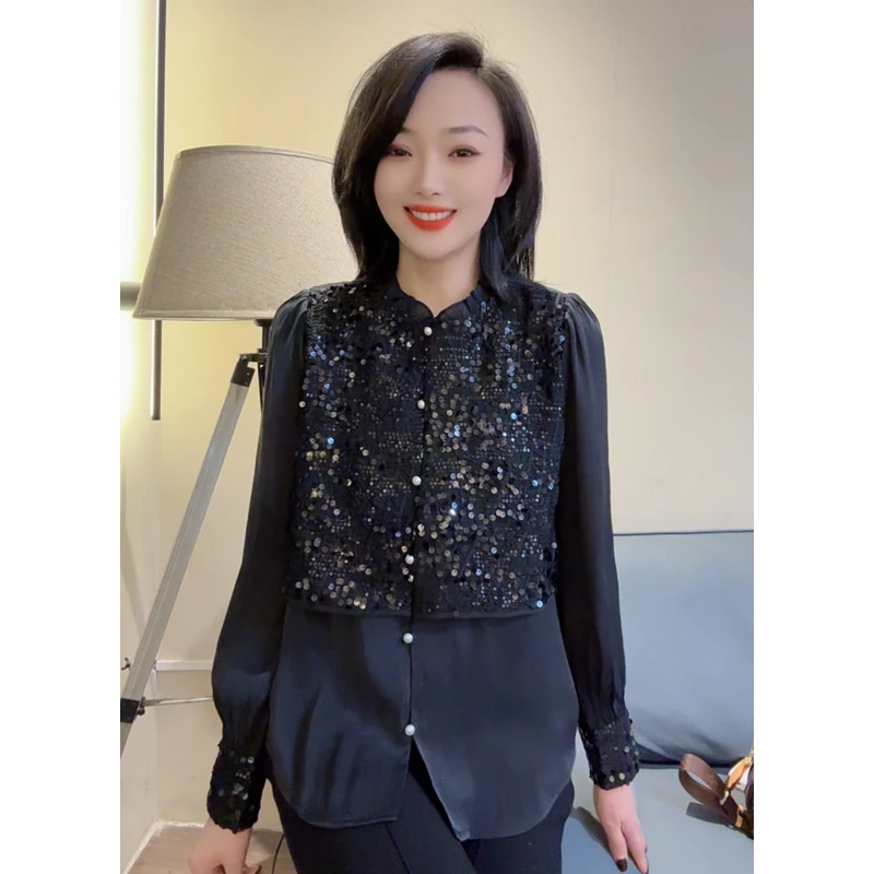 亮片衬衫唯美优雅气质复古设计感女装上衣法式泡泡袖雪纺衫 24428