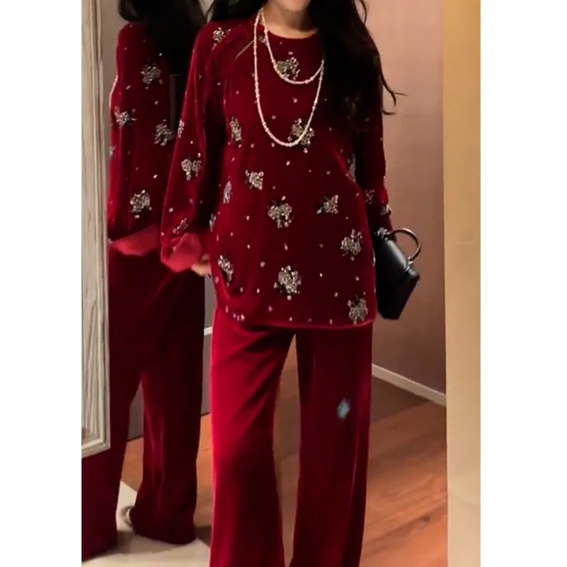 新年战袍新中式女装国风富家千金感红色丝绒上衣裤子套装女秋冬季