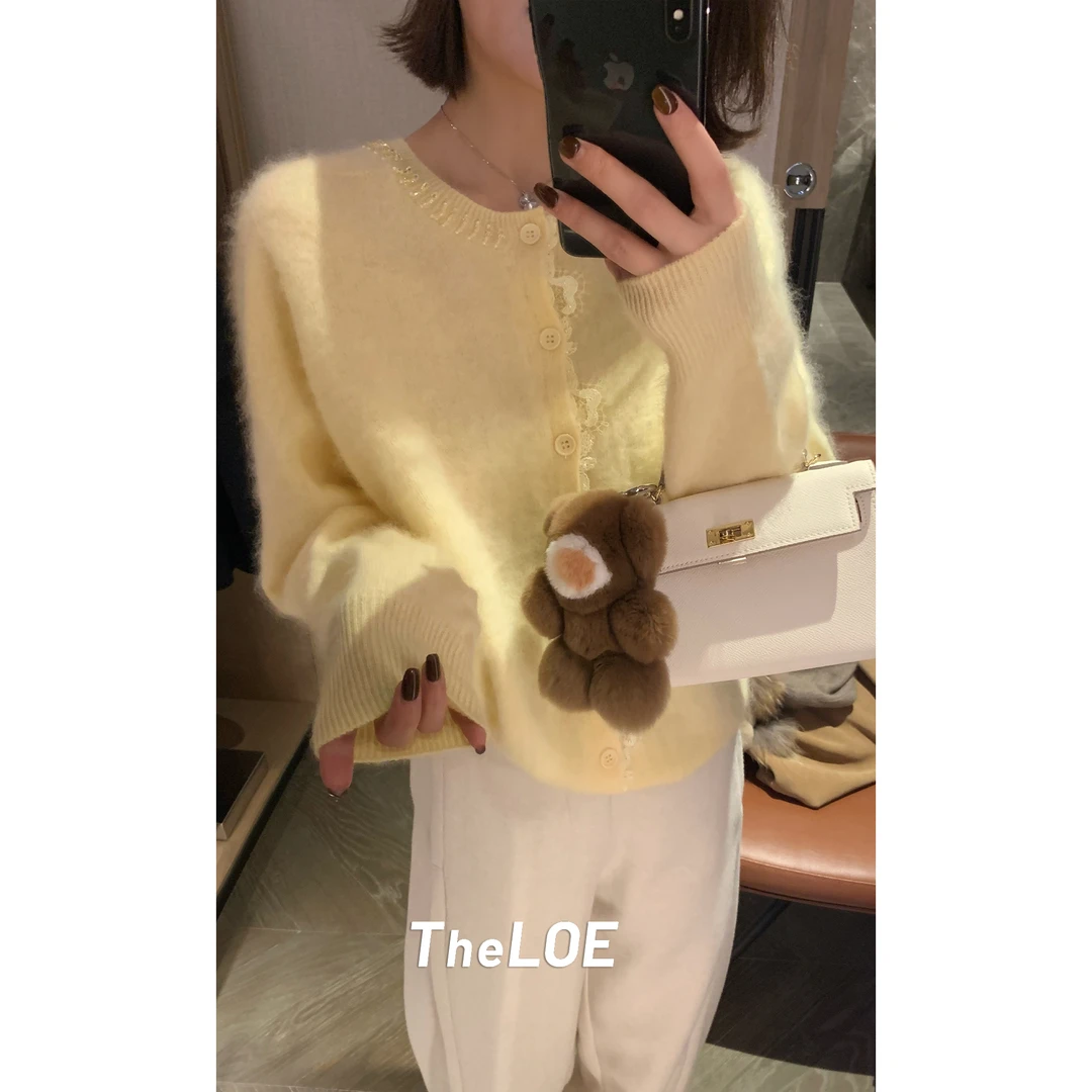 TheLOE/【桑蚕丝羊绒羊毛大衣】220g蕾丝长袖针织开衫#LE-MM-85051