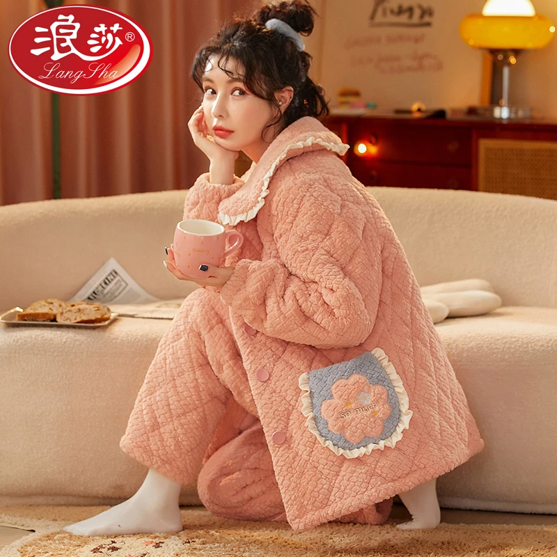 浪莎睡衣女冬季加厚加绒可外穿三层夹棉保暖大码家居服套装翻领