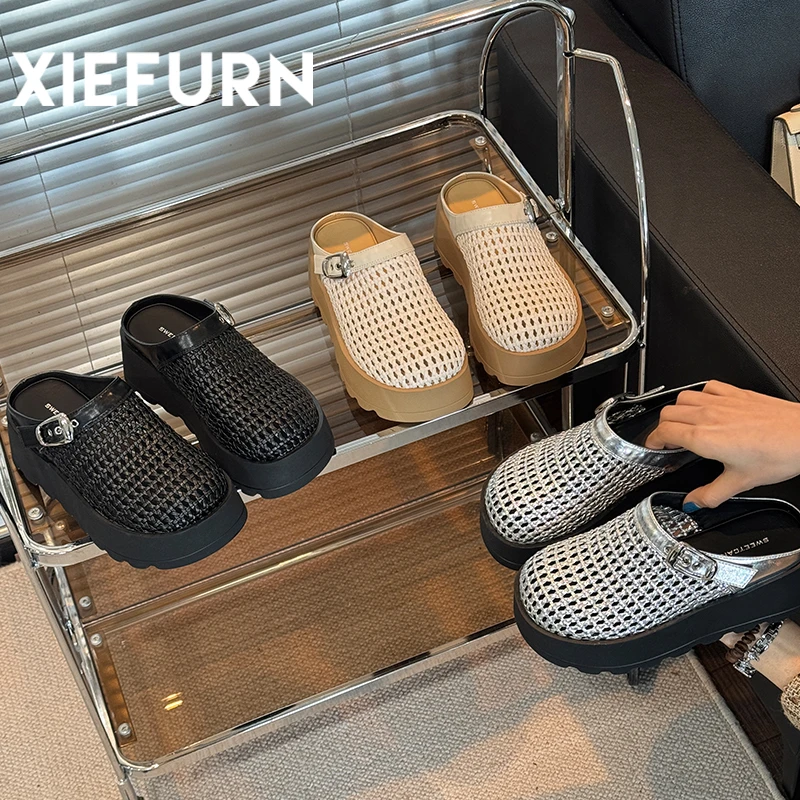 XIEFURN/鞋夫人2025新款穆勒鞋子厚底包头半拖鞋女外穿镂空单鞋