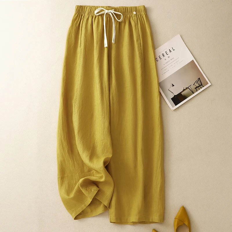 黄色亚麻弯刀裤女夏季2025时尚新款复古宽松轻薄显瘦九分裤直筒裤